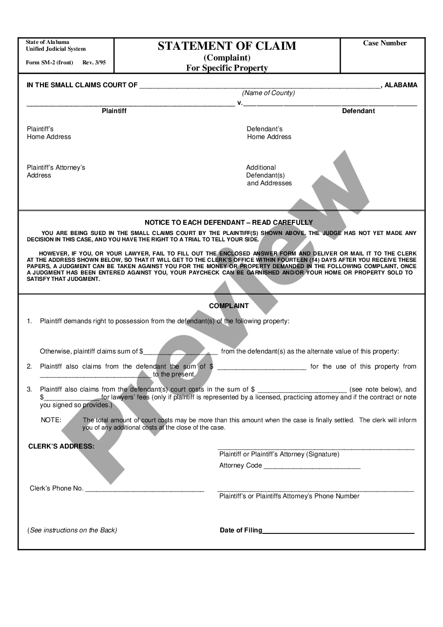 page 0 Statement of Claim - Complaint - for Specific Property preview