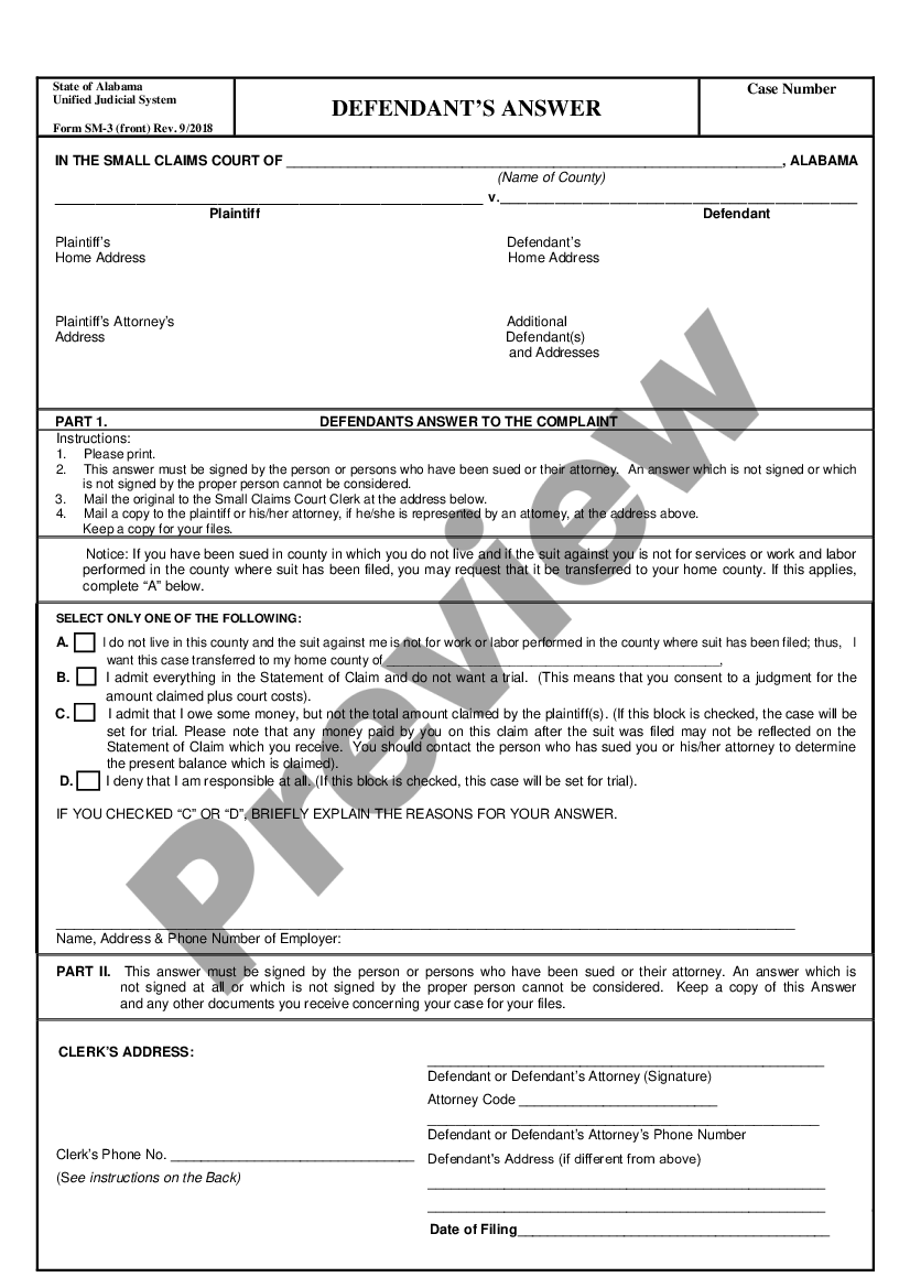 Alabama Defendant s Answer In Small Claims Court US Legal Forms