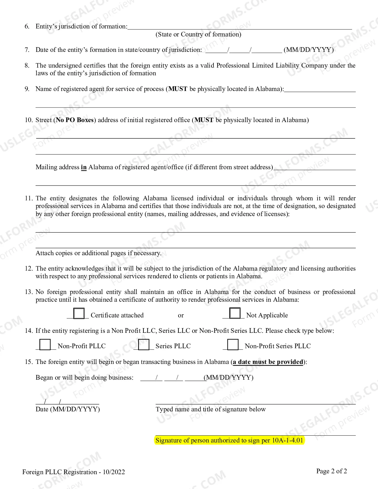 Preview Foreign Professional Limited Liability Company Application for Registration