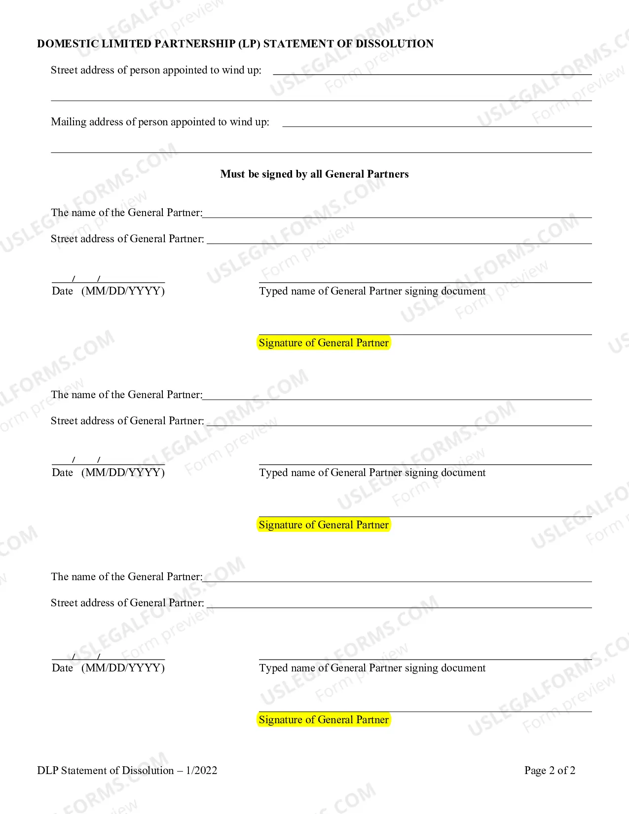 Preview Domestic Limited Partnership (LP) Statement of Termination