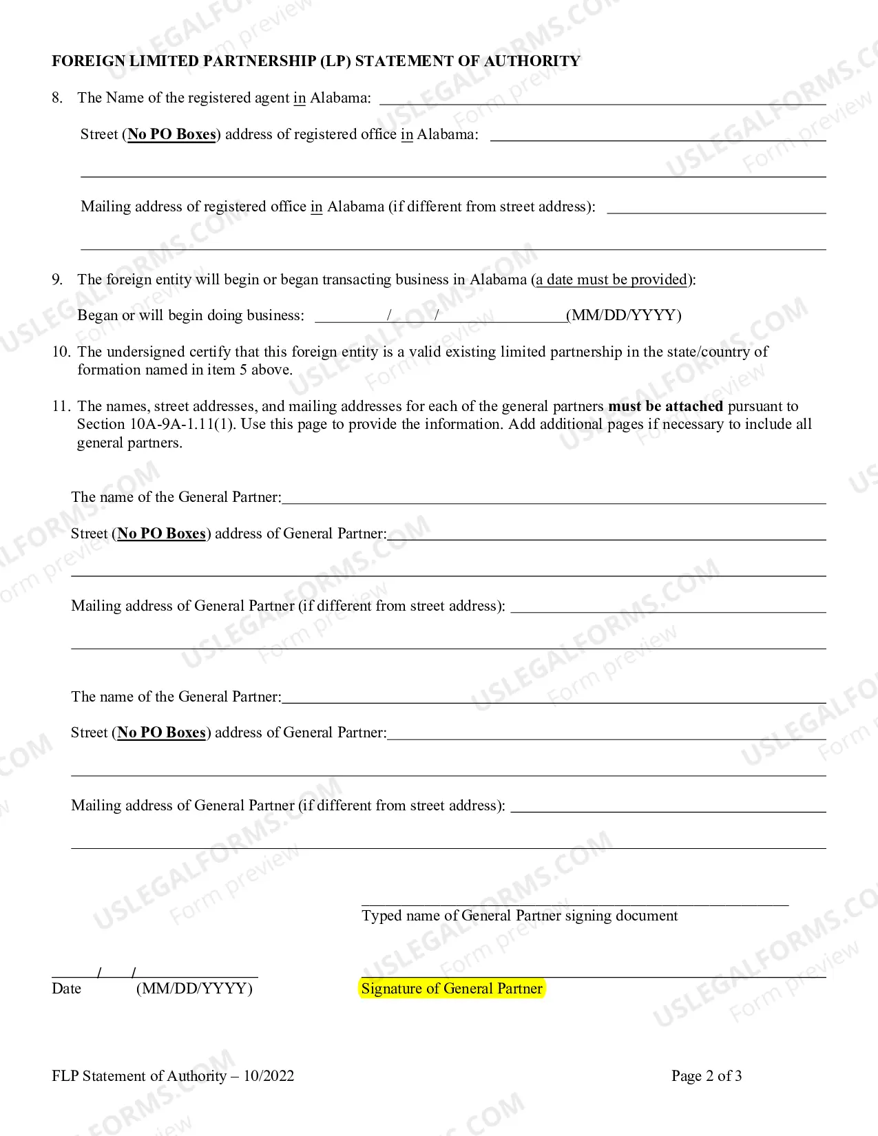 Preview Foreign Limited Partnership (LP) Certificate of Authority