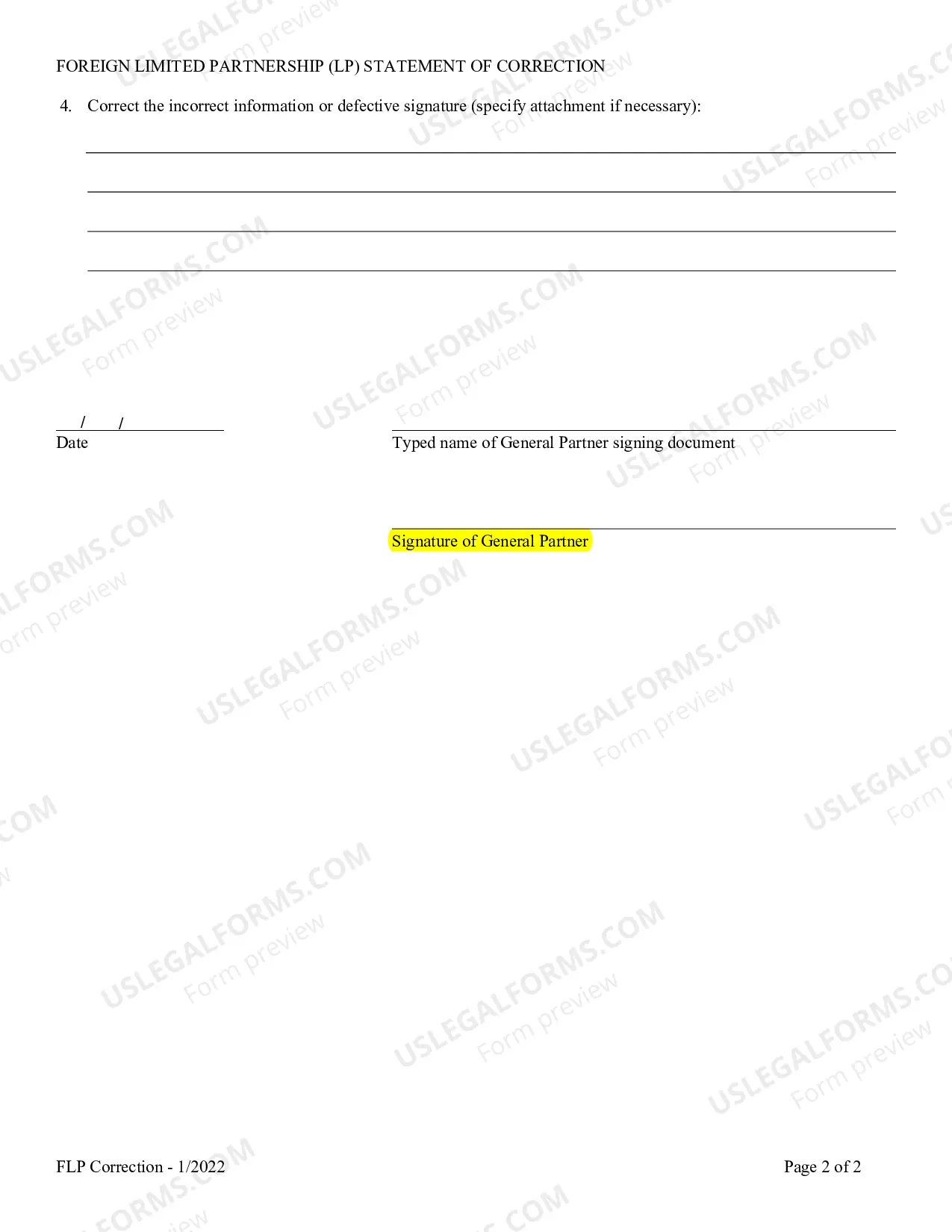 Preview Foreign Limited Partnership (LP) Statement of Correction