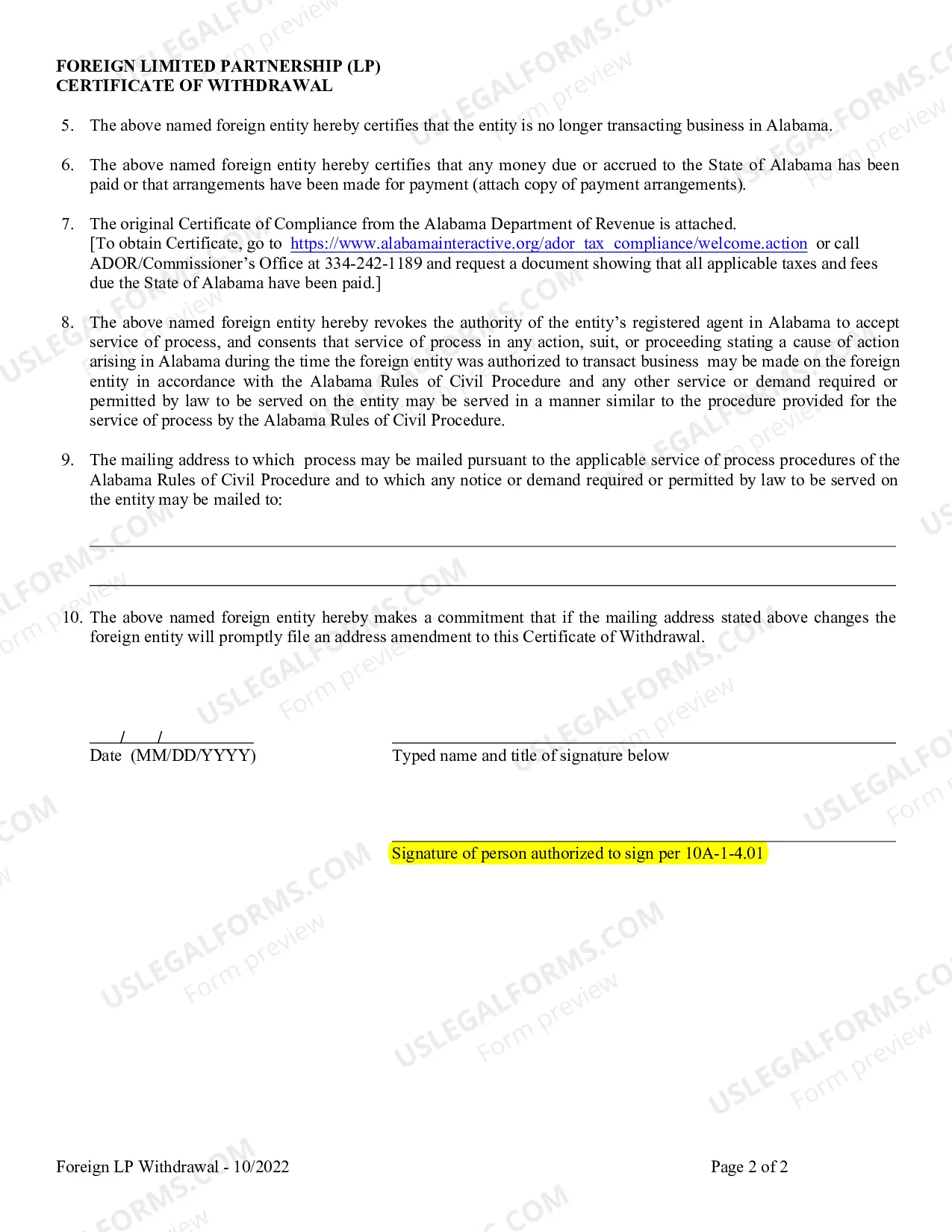 Preview Foreign Limited Partnership Certificate of Withdrawal