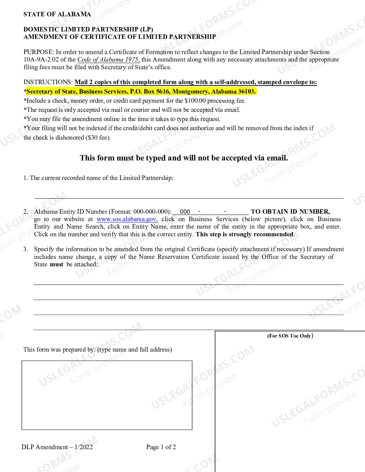 Preview Domestic Limited Partnership (LP) Amendment of Certificate of Limited Partnership