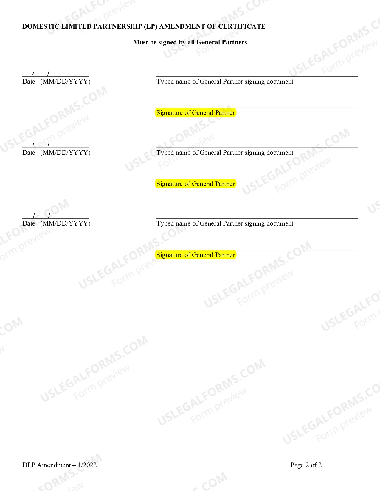 Preview Domestic Limited Partnership (LP) Amendment of Certificate of Limited Partnership
