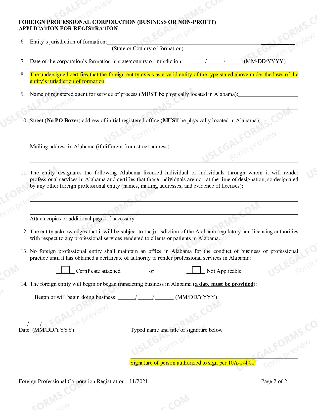 Preview Foreign Professional Corporation Application for Registration Profit or Non-Profit
