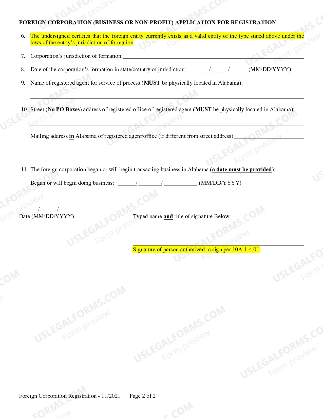 Preview Foreign Corporation Application for Registration