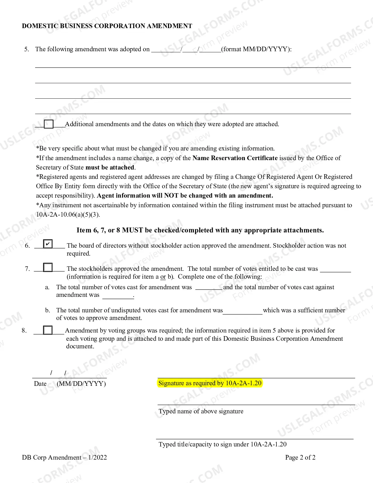 Preview Domestic Business Corporation Amendment to Formation/Articles