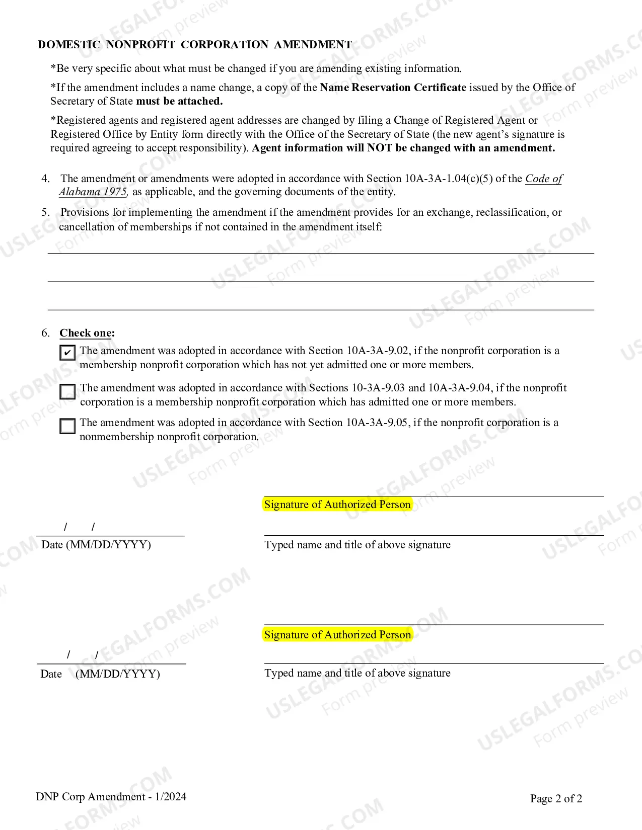 Preview Amendment for Domestic Nonprofit Corporations