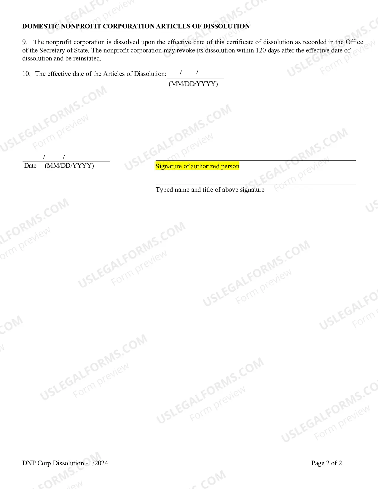 Preview Domestic Nonprofit Corporation Articles of Dissolution