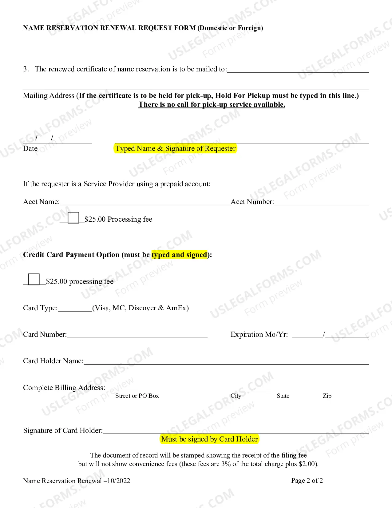 Preview Name Reservation Renewal Request Form Foreign or Domestic