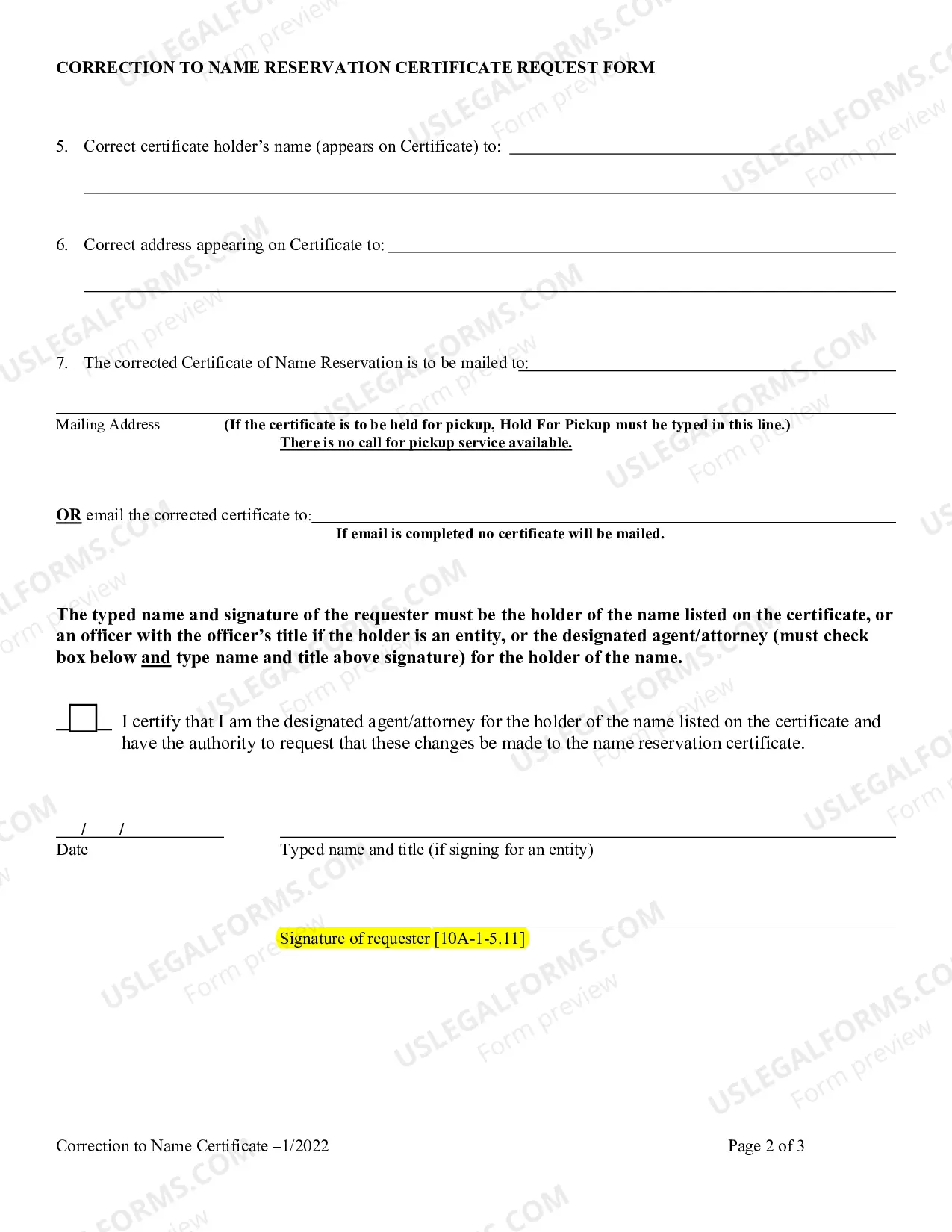 Preview Correction to Name Certificate Request Form