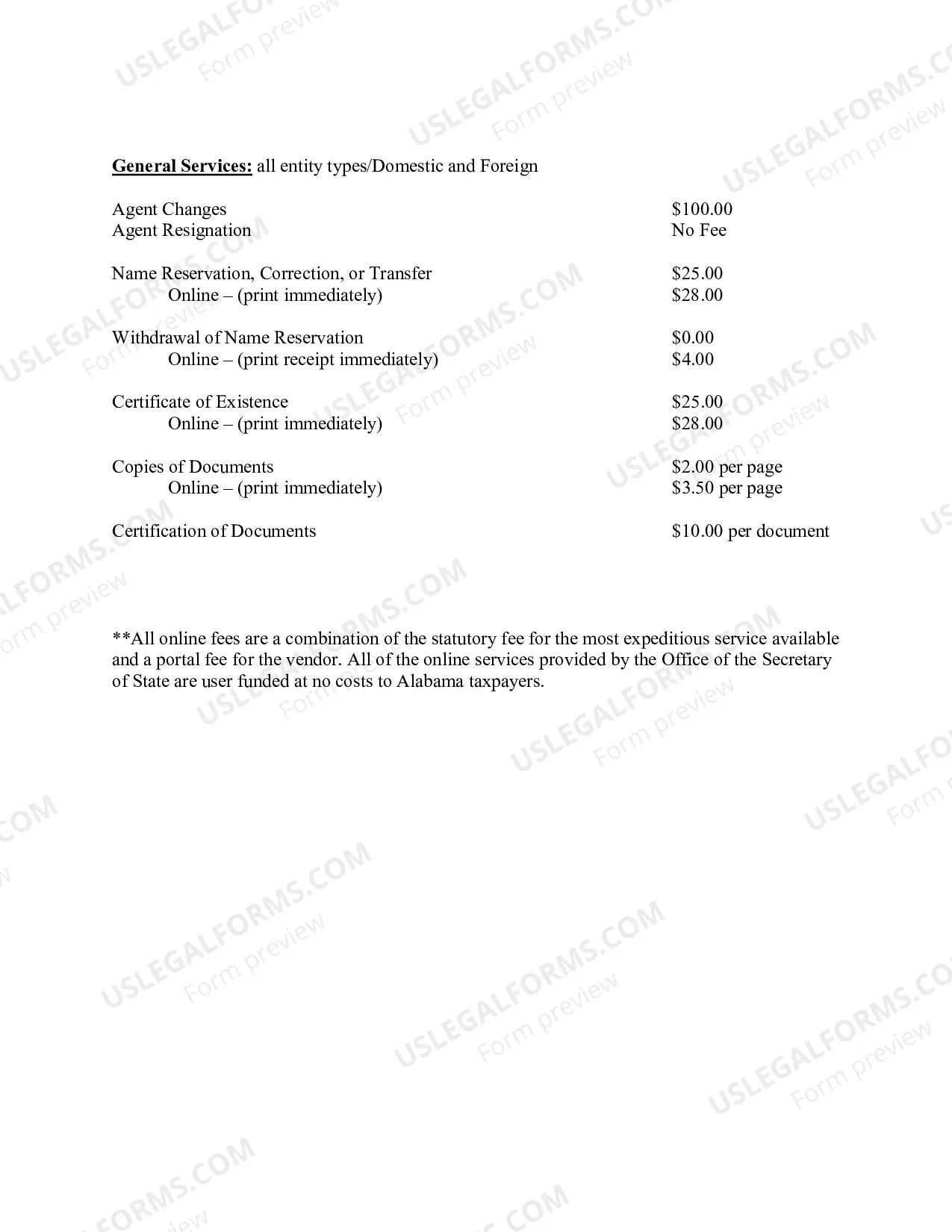 Preview Business Entities Division Fees