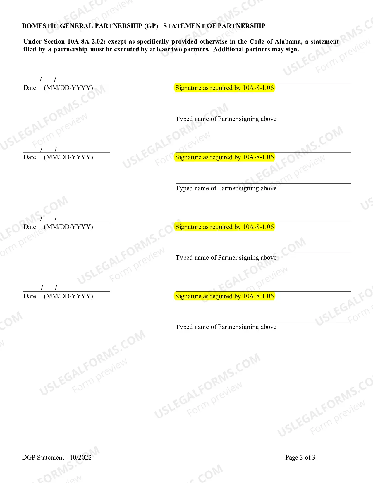 Preview Domestic General Partnership Statement of Partnership Authority