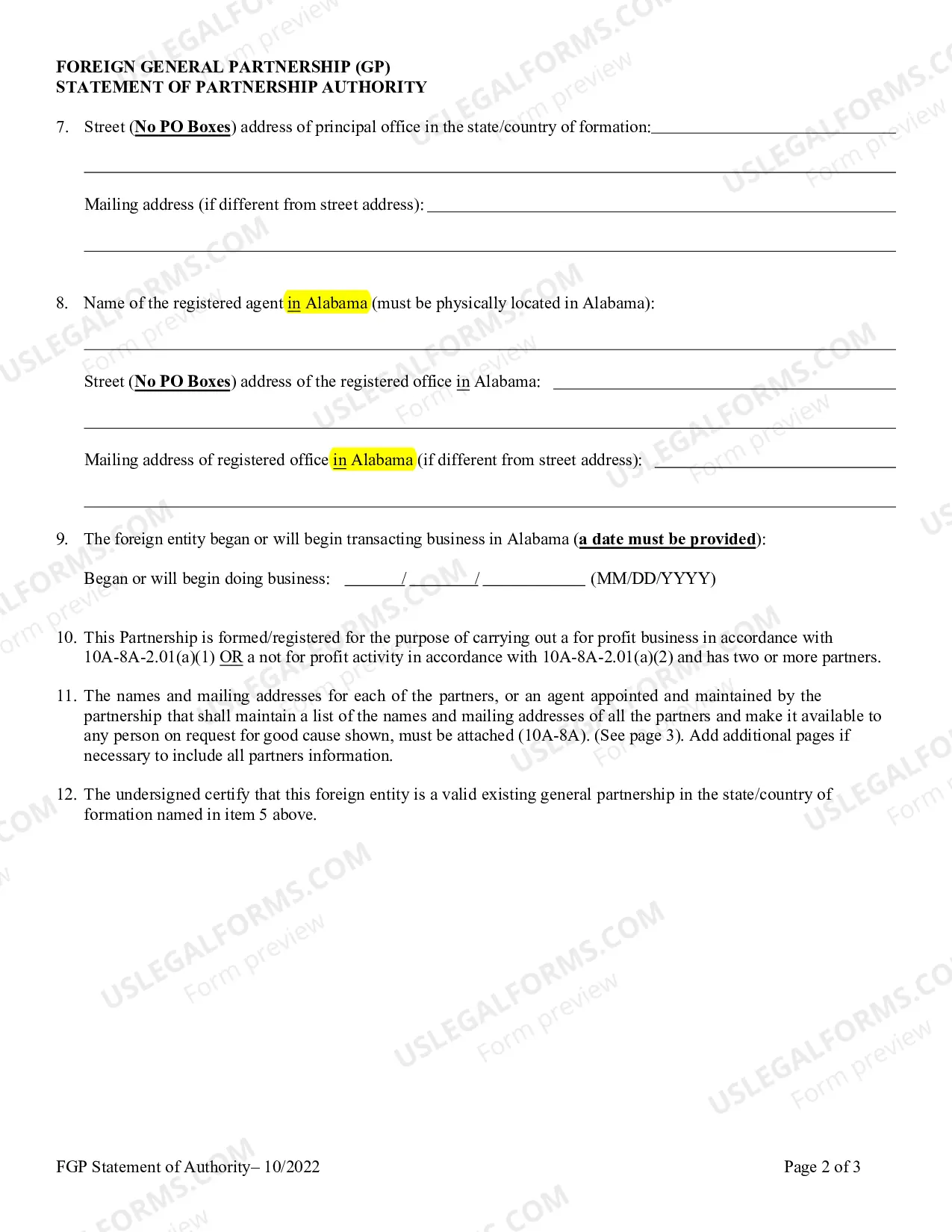 Preview Foreign General Partnership Statement of Partnership Authority