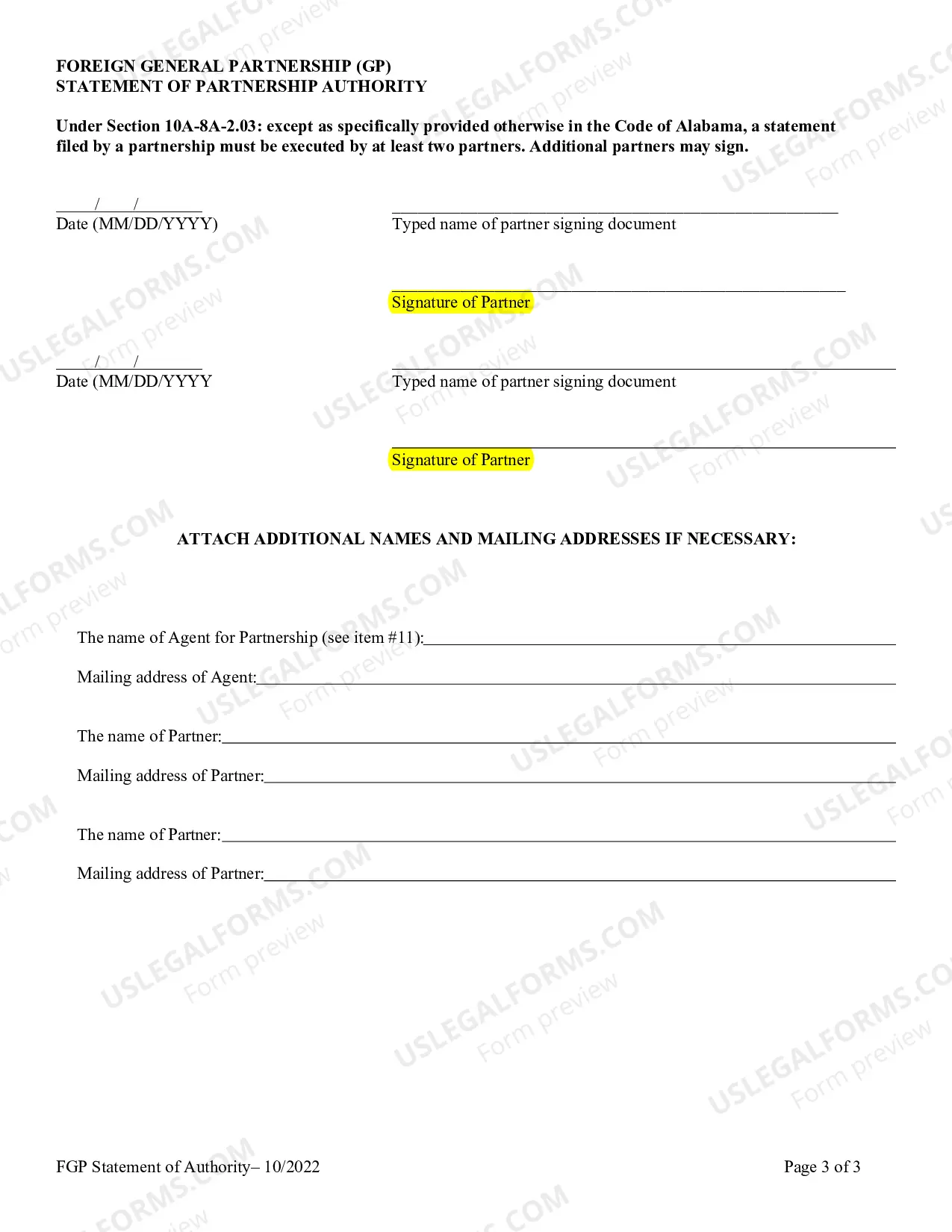 Preview Foreign General Partnership Statement of Partnership Authority