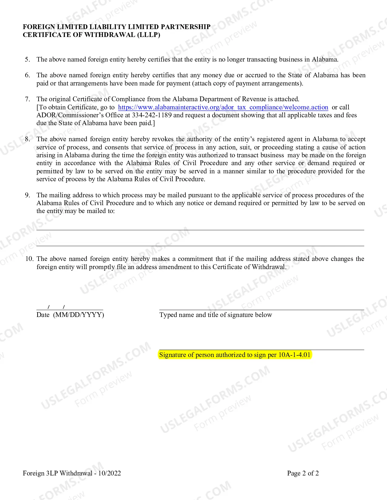 Preview Foreign LLLP Certificate of Withdrawal