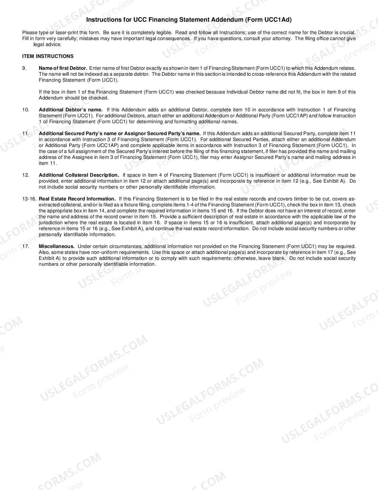Preview National UCC Financing Statements Addendum (UCC1AD)