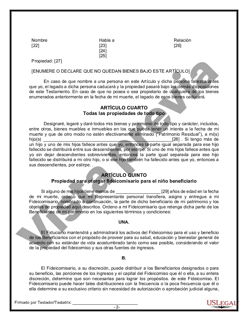 Preview Formulario Legal de Última Voluntad y Testamento para una Persona Soltera con Hijos Menores