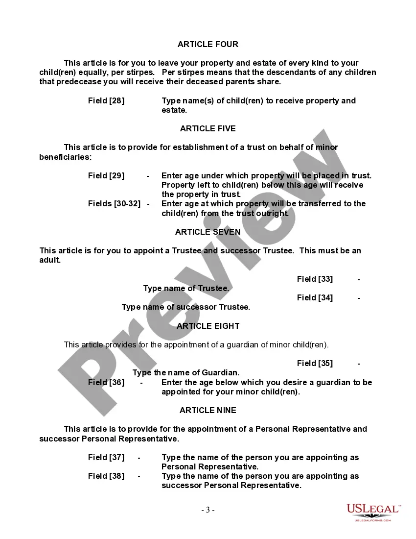 Preview Last Will and Testament for a Single Person with Minor Children