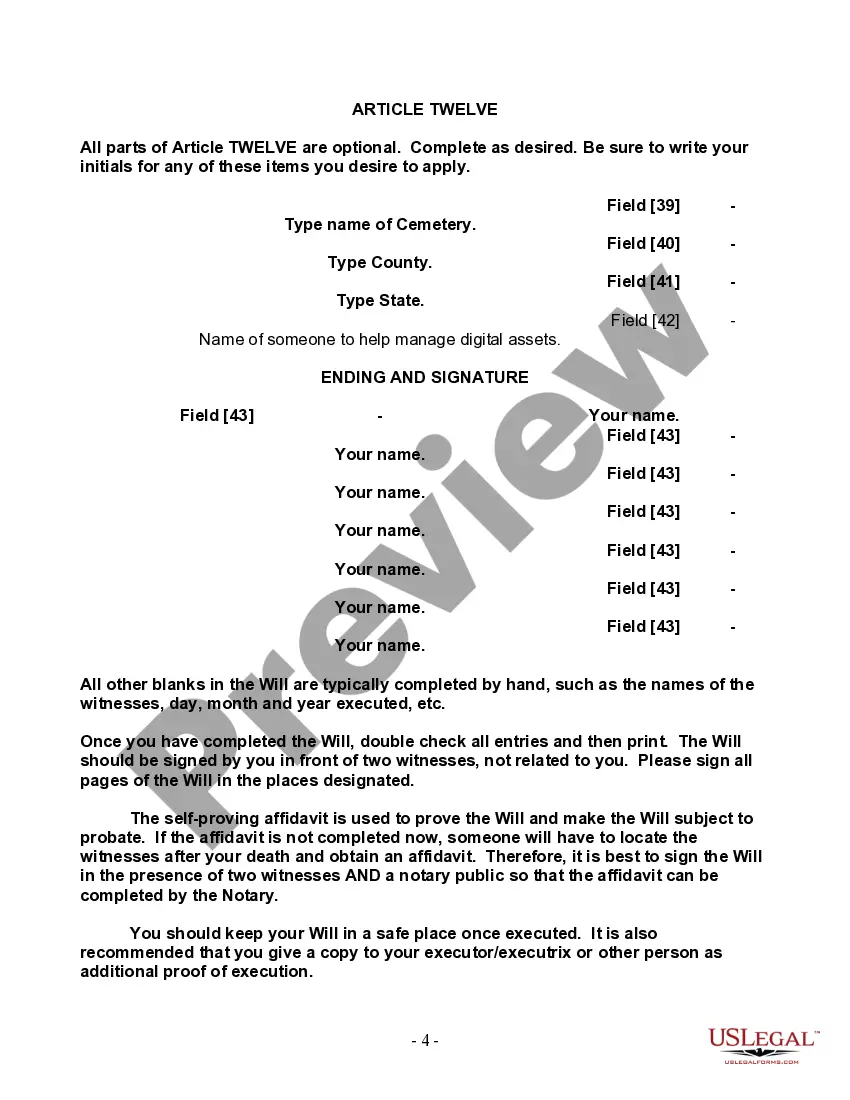 Preview Last Will and Testament for a Single Person with Minor Children