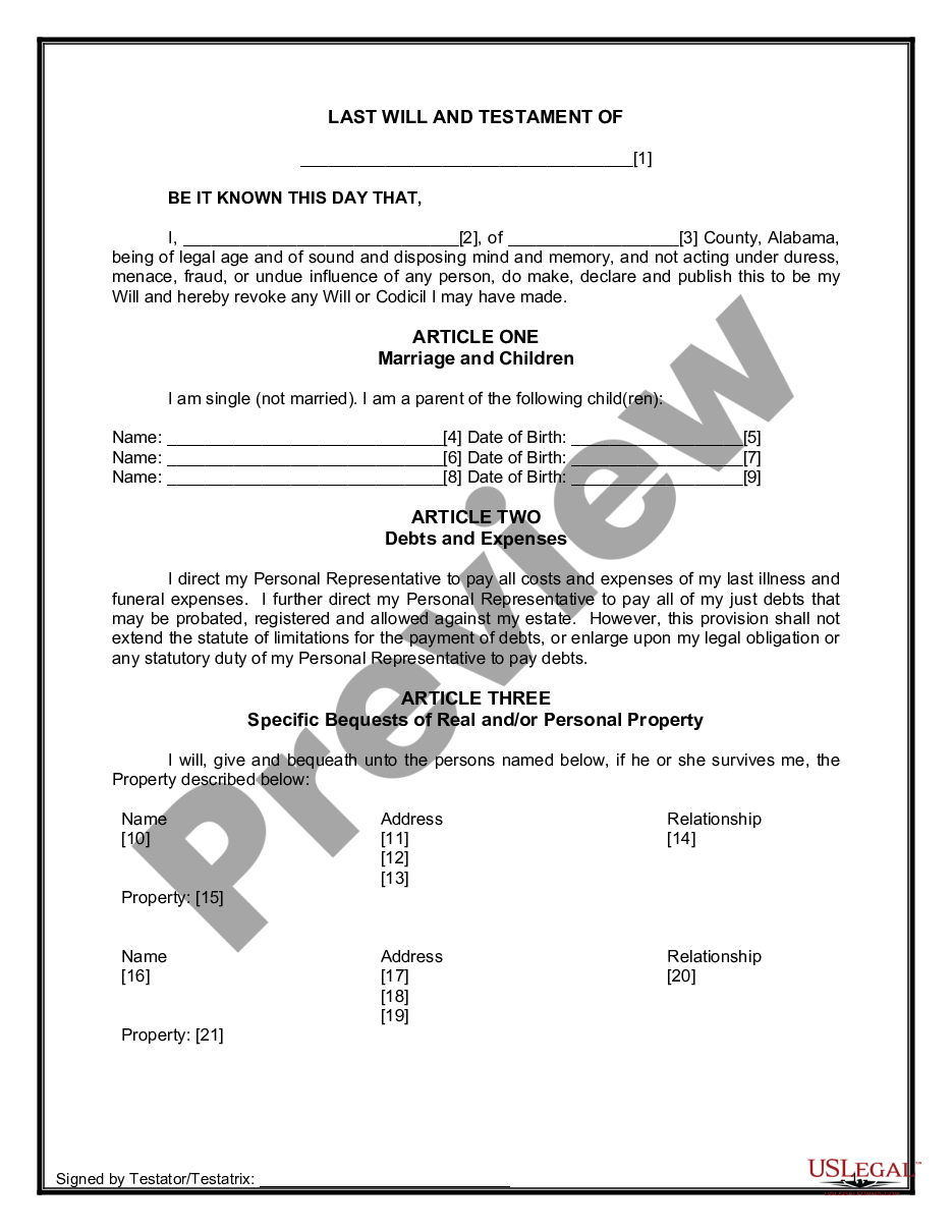 Alabama Legal Last Will and Testament Form for Single Person with Adult