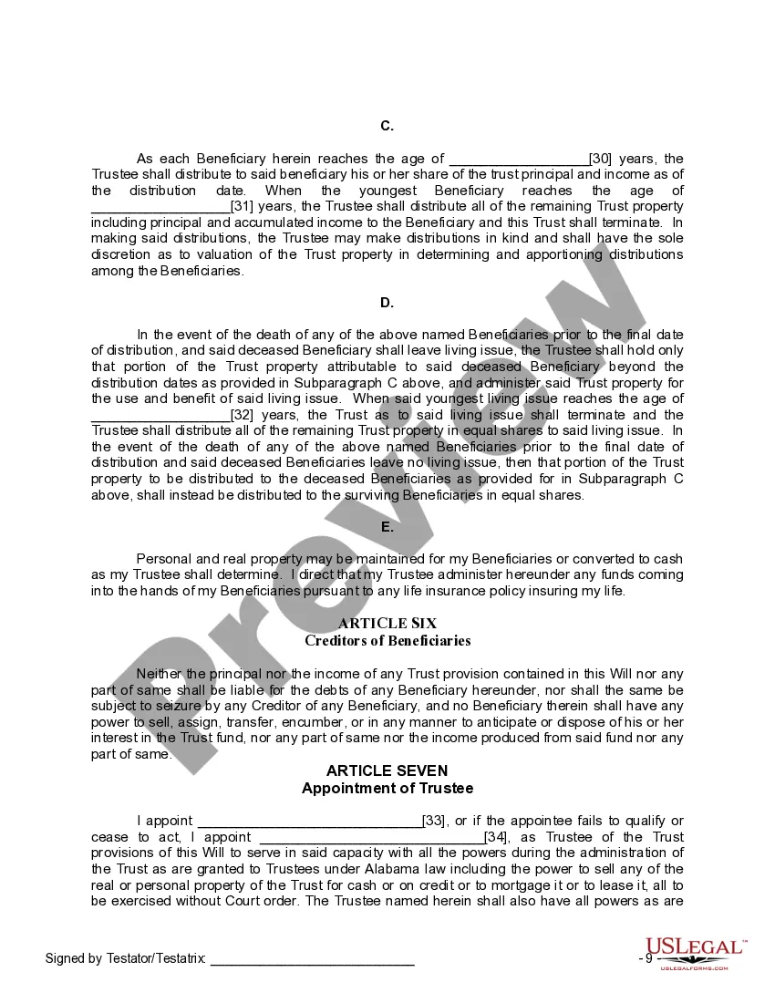 Preview Last Will and Testament for Single Person with Adult and Minor Children