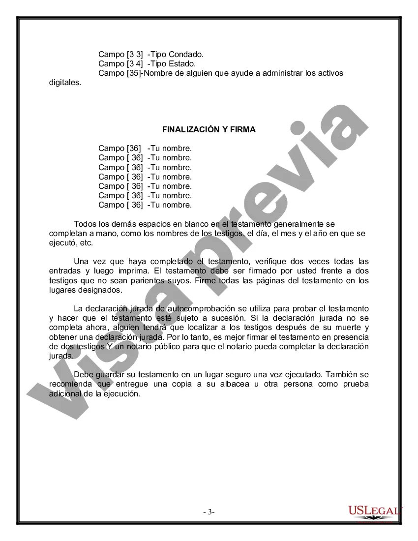 Preview Formulario Legal de Última Voluntad y Testamento para Persona Soltera con Hijos Adultos