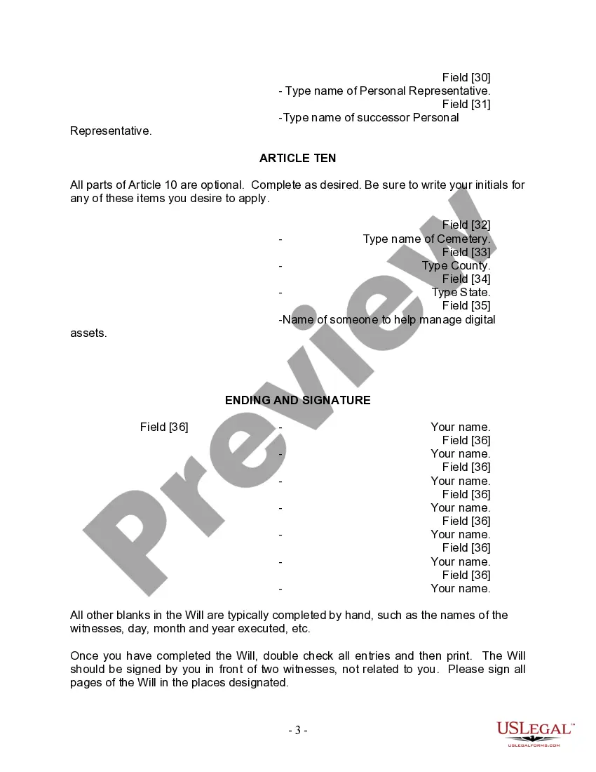 Preview Last Will and Testament for Single Person with Adult Children