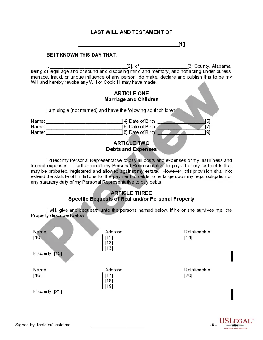 Preview Last Will and Testament for Single Person with Adult Children