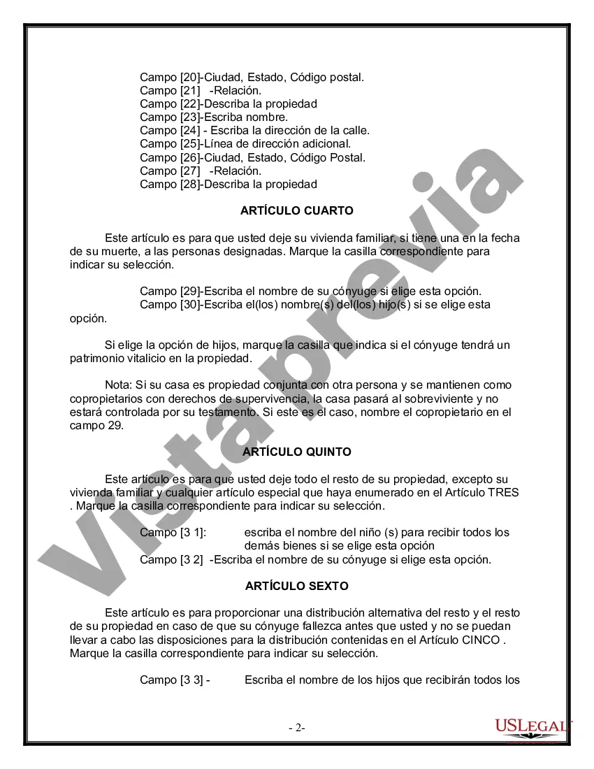 Preview Última voluntad y testamento legal para persona casada con hijos menores de edad de un matrimonio anterior