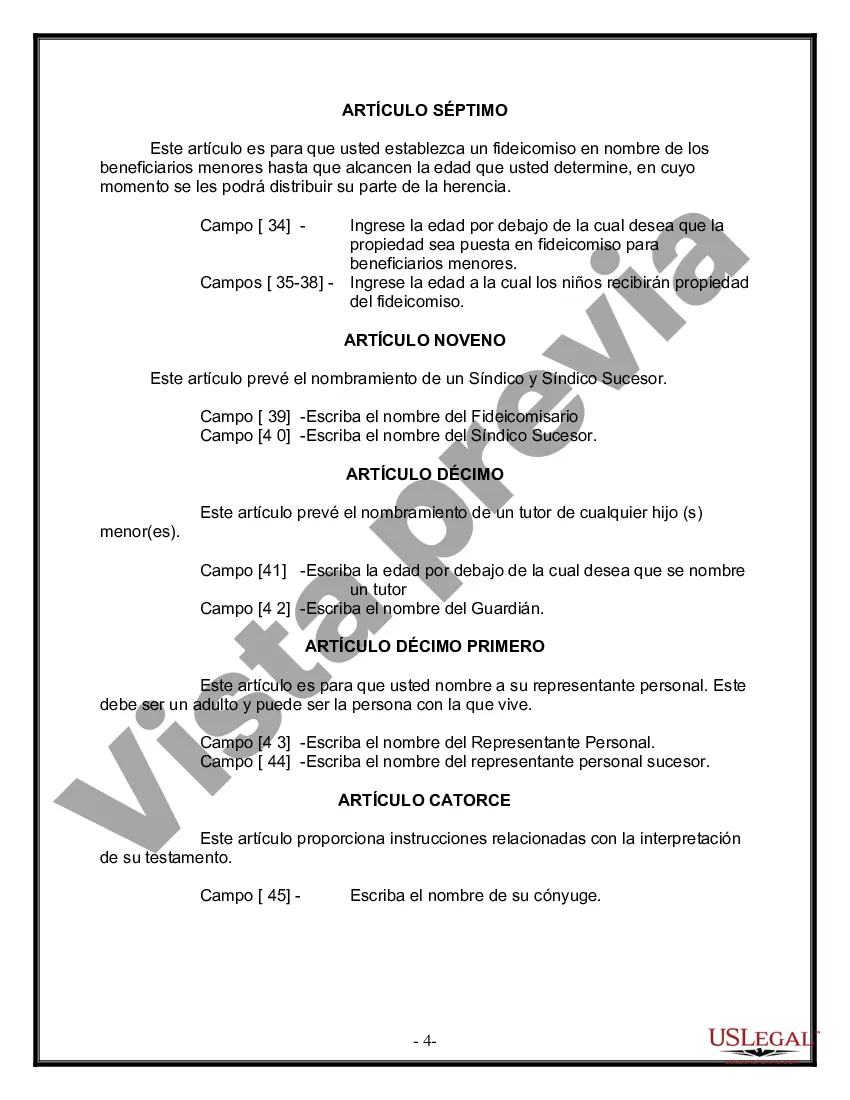 Preview Última voluntad y testamento legal para persona casada con hijos menores de edad de un matrimonio anterior