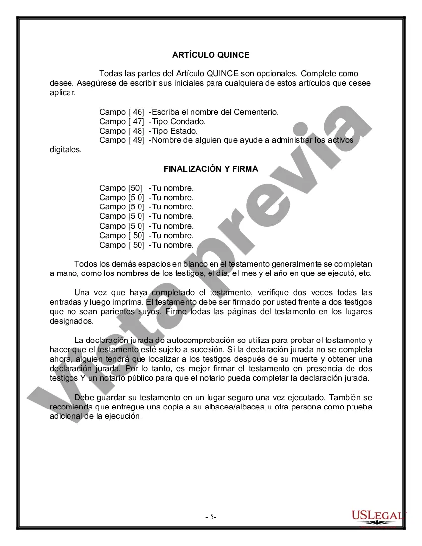 Preview Última voluntad y testamento legal para persona casada con hijos menores de edad de un matrimonio anterior