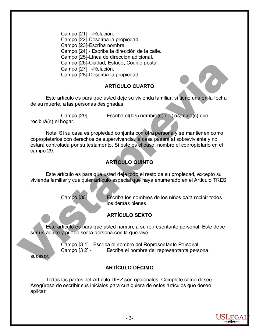 Preview Formulario de última voluntad y testamento legal para personas divorciadas que no se han vuelto a casar con hijos adultos