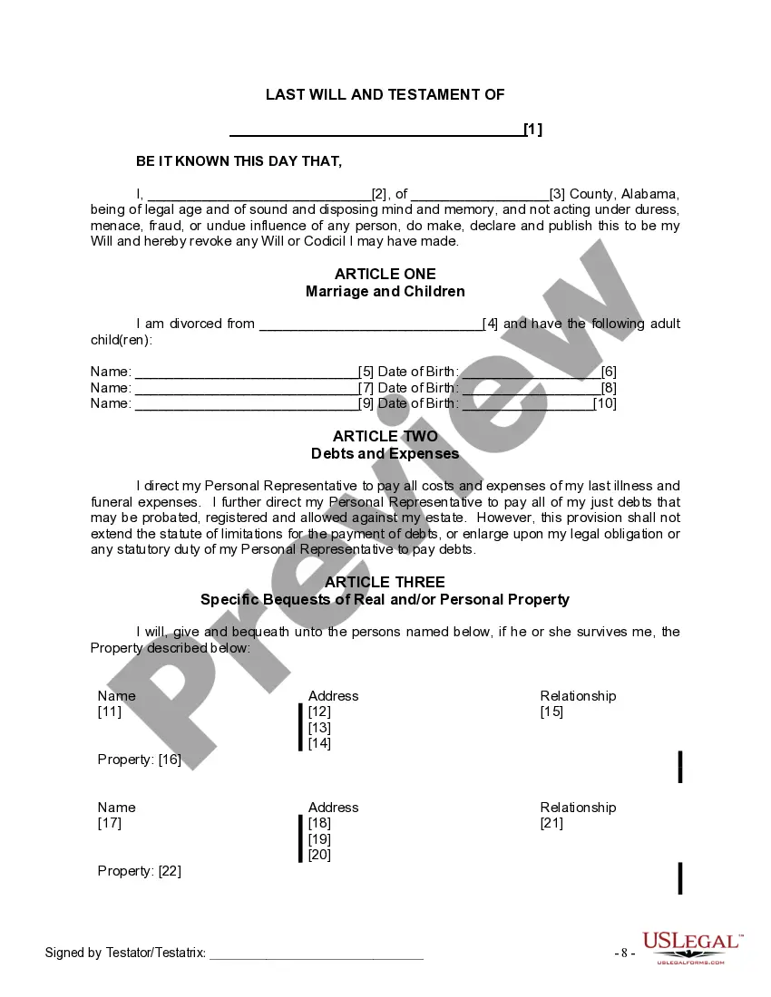 Preview Last Will and Testament for Divorced person not Remarried with Adult Children