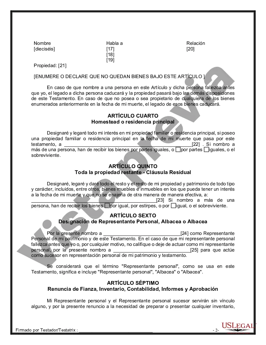 Preview Formulario de última voluntad y testamento legal para personas divorciadas que no se han vuelto a casar y no tienen hijos