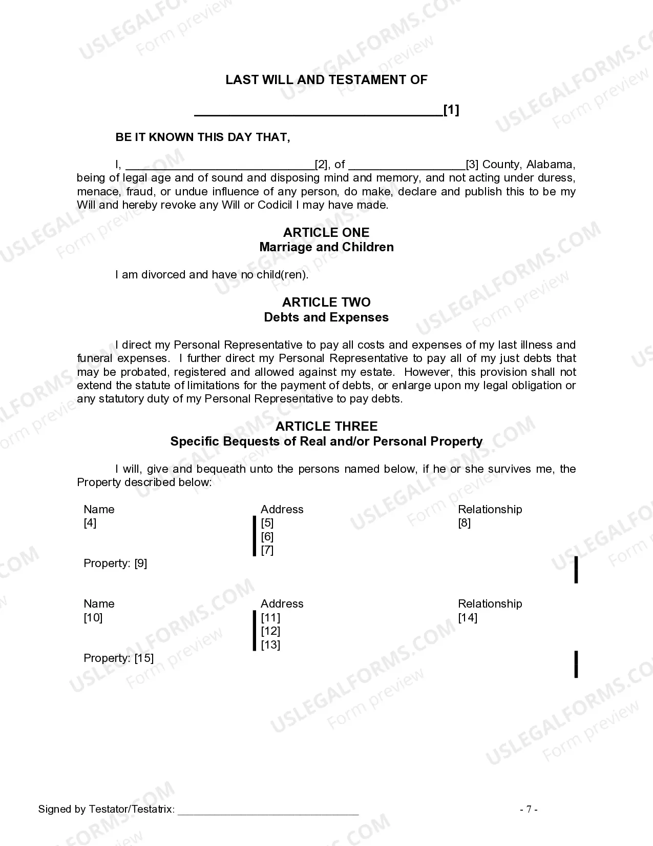 Preview Last Will and Testament for Divorced Person Not Remarried with No Children