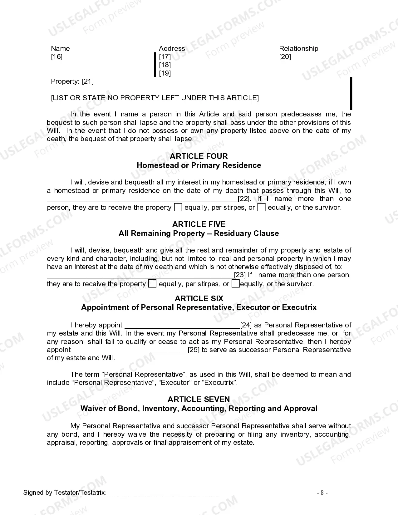 Preview Last Will and Testament for Divorced Person Not Remarried with No Children