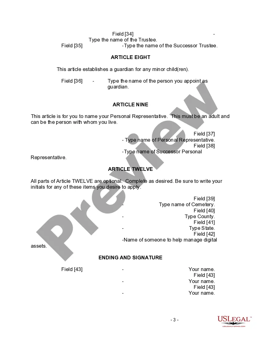 Preview Last Will and Testament for Divorced person not Remarried with Minor Children