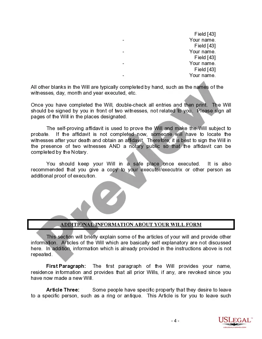 Preview Last Will and Testament for Divorced person not Remarried with Minor Children