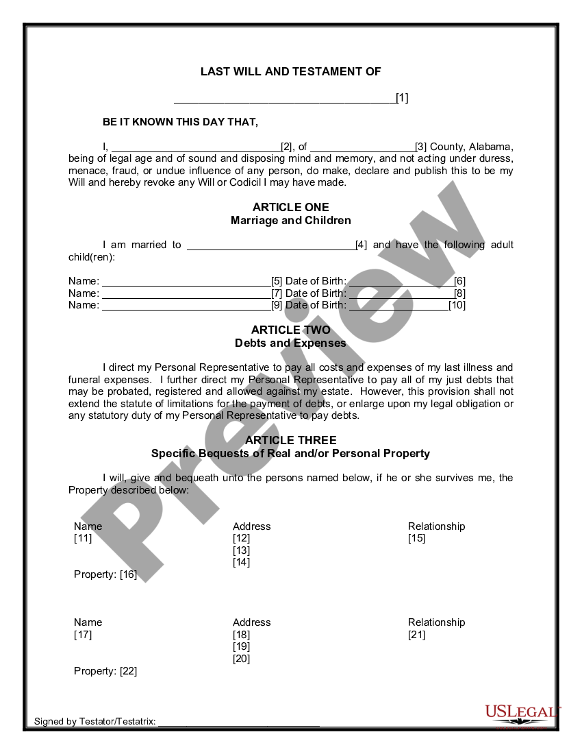 Alabama Legal Last Will and Testament Form for Married person with