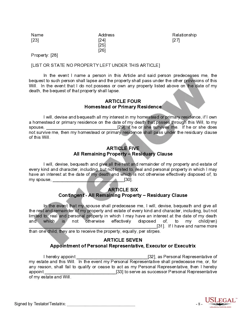 Preview Last Will and Testament for Married person with Adult Children