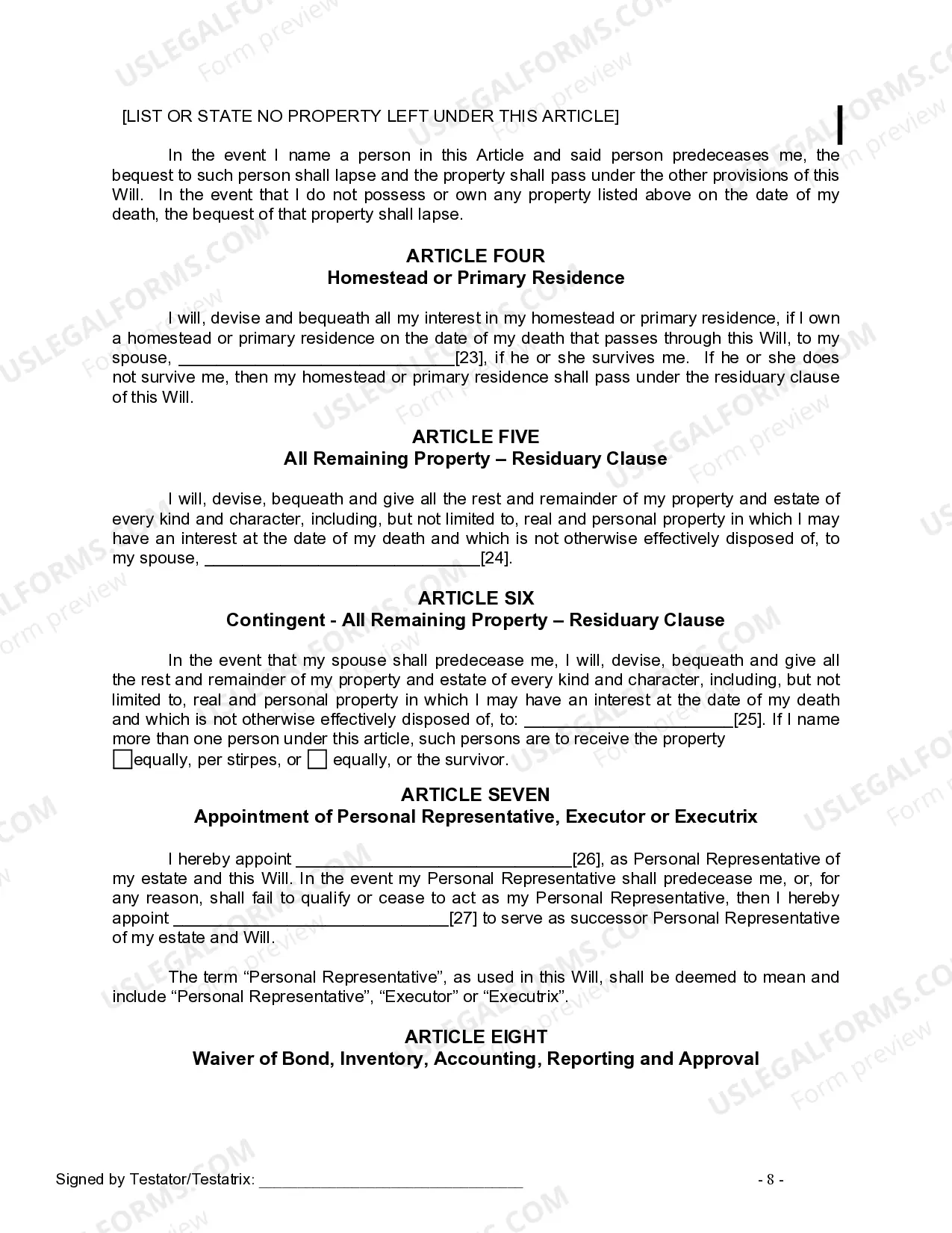 Preview Last Will and Testament for a Married Person with No Children