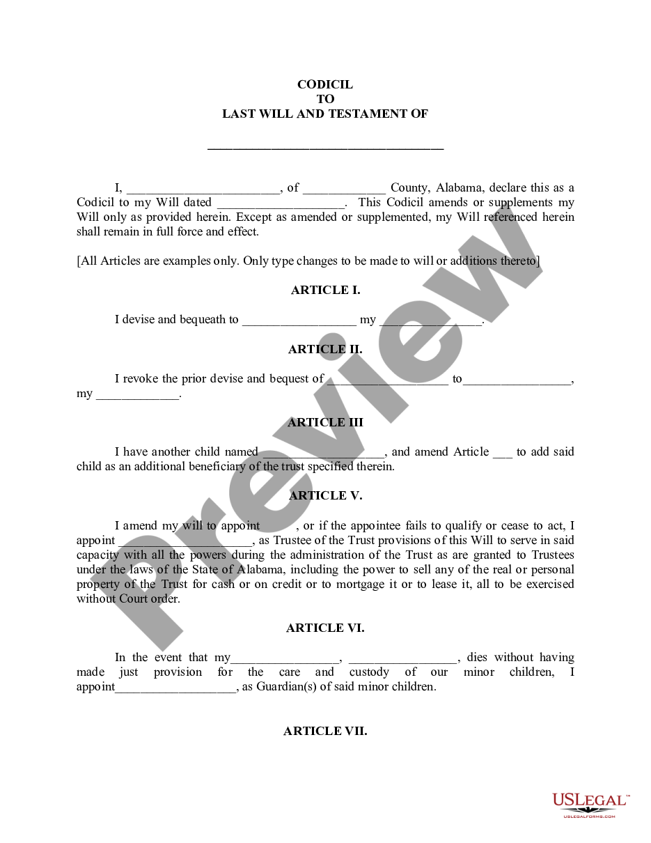 page 0 Codicil to Will Form for Amending Your Will - Will Changes or Amendments preview