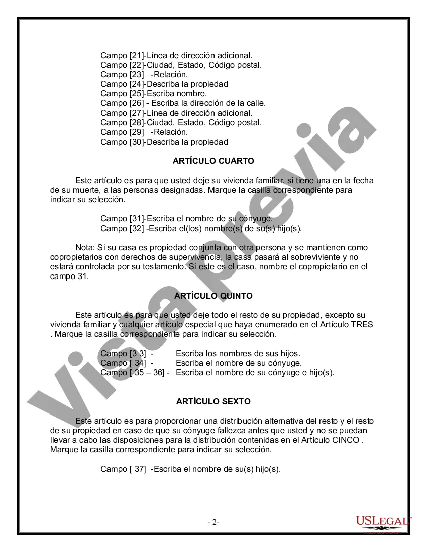 Preview Formulario Legal de Última Voluntad y Testamento para Persona Casada con Hijos Adultos y Menores de Matrimonio Anterior