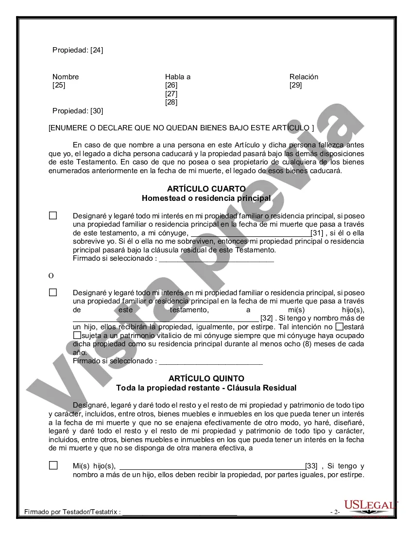 Preview Formulario Legal de Última Voluntad y Testamento para Persona Casada con Hijos Adultos y Menores de Matrimonio Anterior