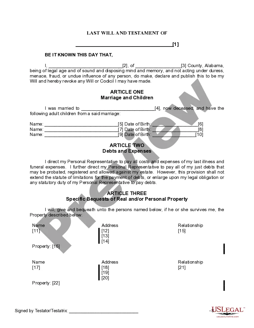 Get Last Will and Testament for a Widow or Widower with Adult Children Preview Last Will and Testament for a Widow or Widower with Adult Children