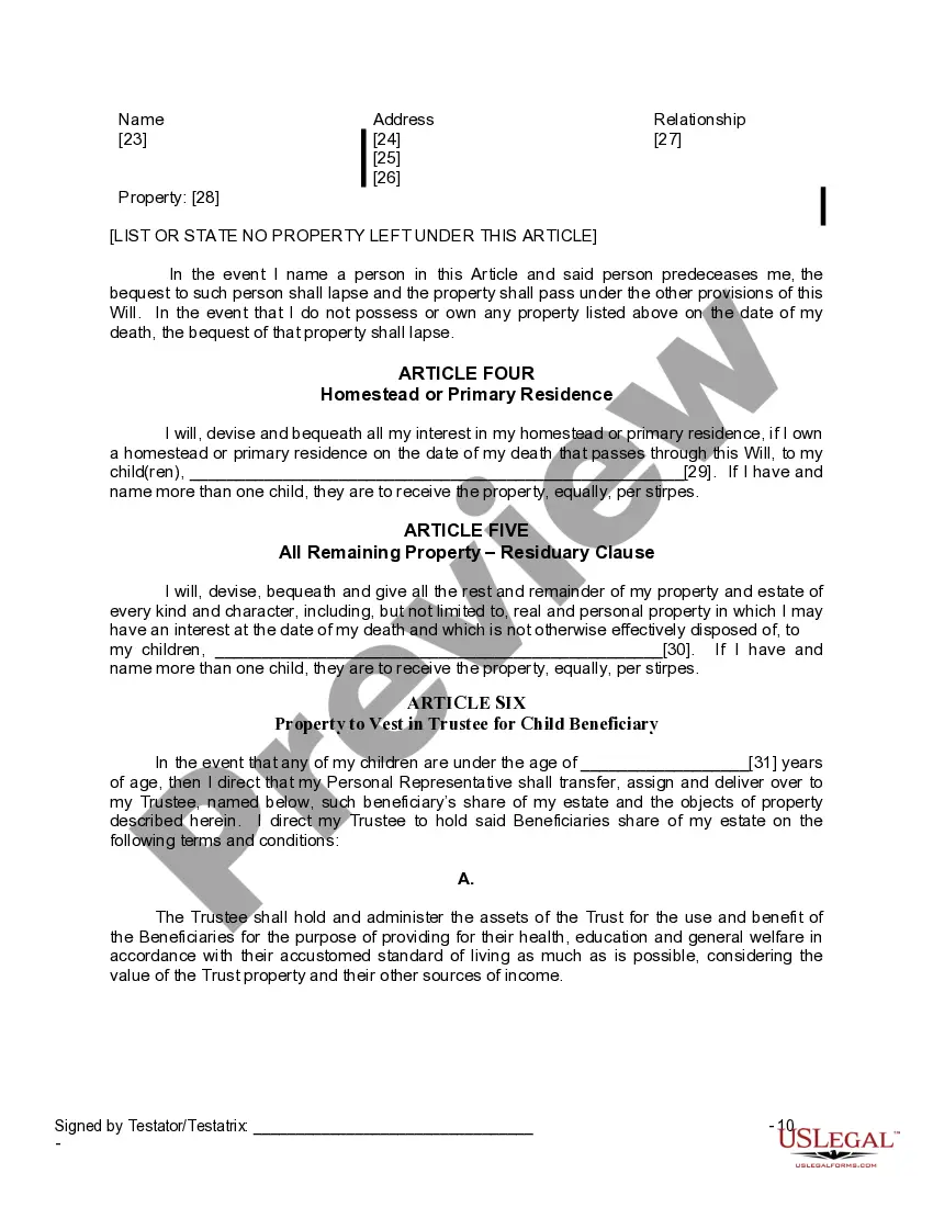 Preview Last Will and Testament for Widow or Widower with Minor Children