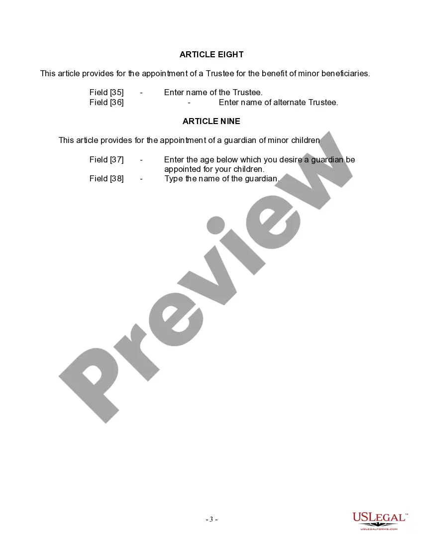 Preview Last Will and Testament for Widow or Widower with Minor Children