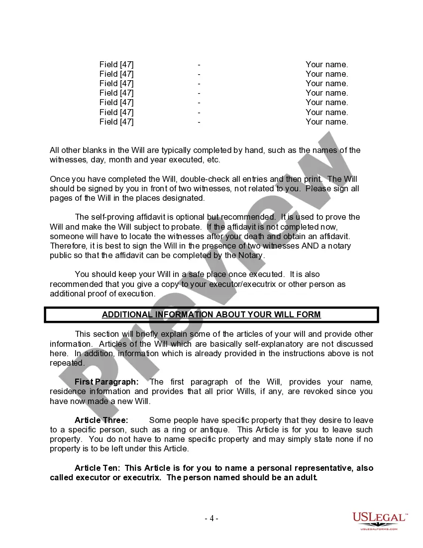 Preview Last Will and Testament for a Widow or Widower with Adult and Minor Children